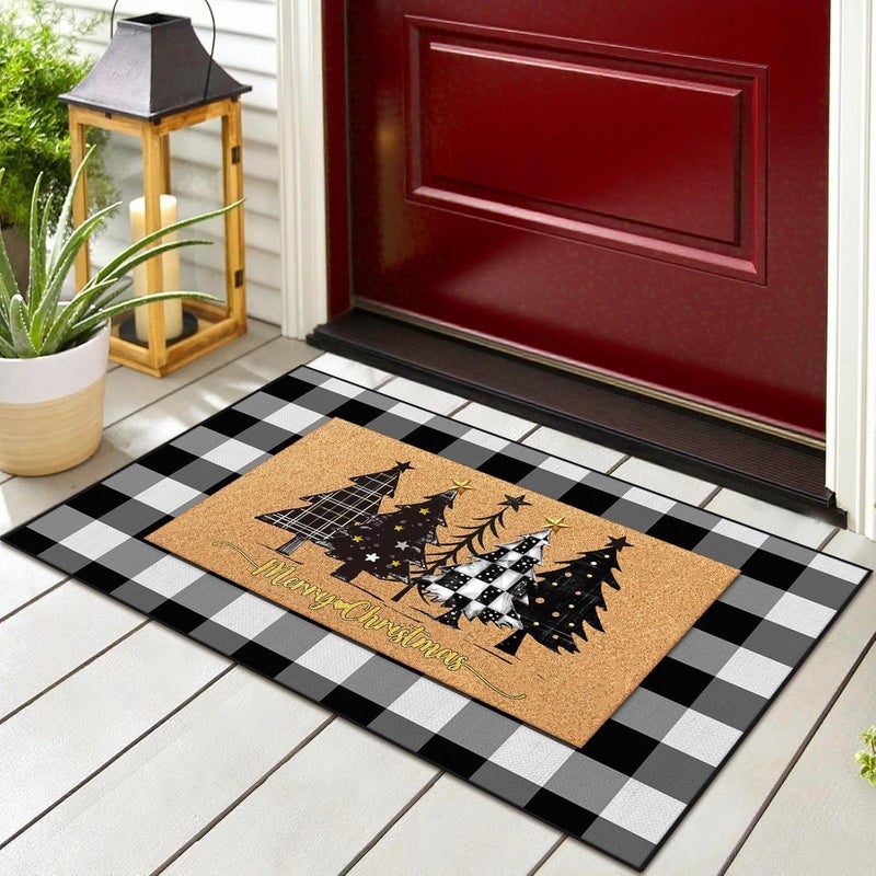 Fourluoo 2 Pcs Christmas Front Porch Rug Buffalo Plaid Christmas Door Mat Imitation Coco Coir Black White Xmas Tree Welcome Layering Rug for Outdoor Winter Home Festival Holiday Decor, 28 x 43 Inch - Image 1